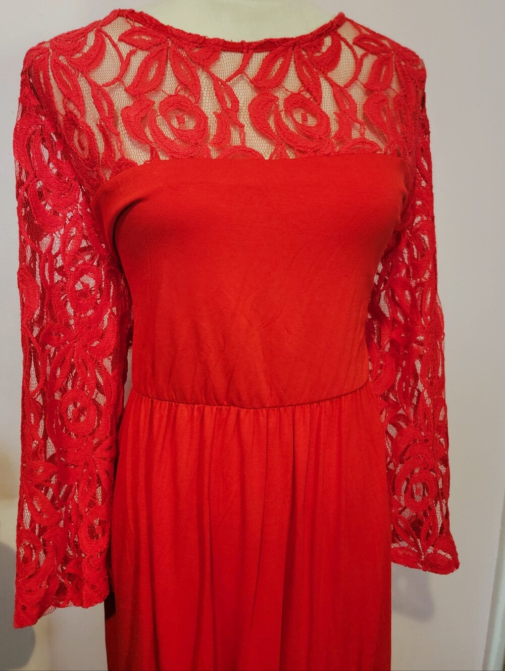 Red Lace Sleeve Maxi Dress - Women's Plus Size